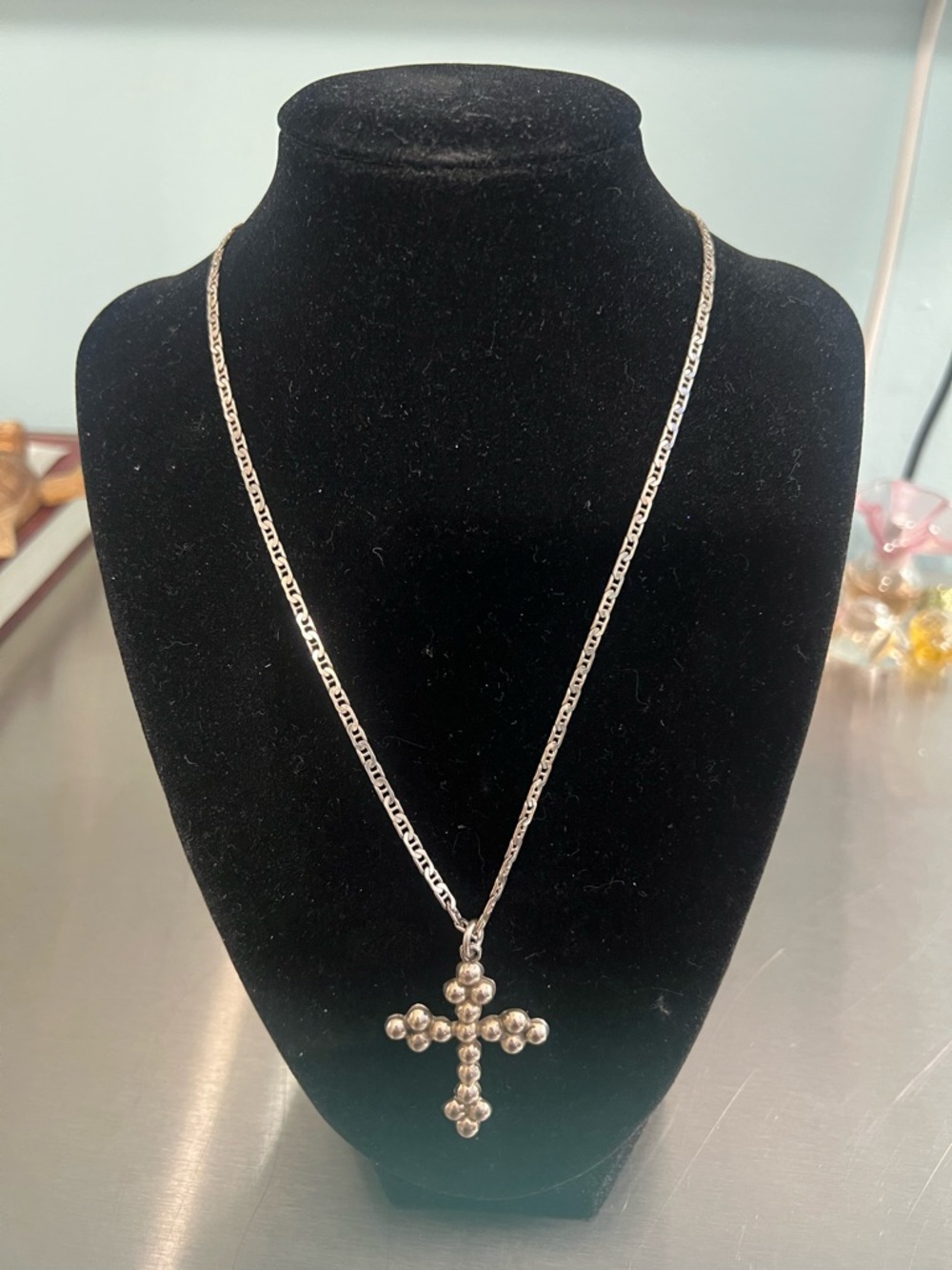 Large Sterling Silver Dot Cross Pendant on 18” Sterling Curb Link Chain